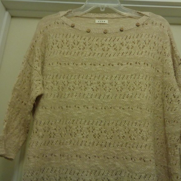 QUIET LUXURY BEIGE MACHINE OPEN CROCHET DESIGNS W TINY BUTTONS ON NECK BY COEN F - Picture 4 of 7